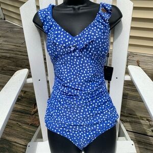 NEW NIPTUCK Tankini SWIMSUIT US Sz 6 Australia Blue & White Polka Dots Ruffle
